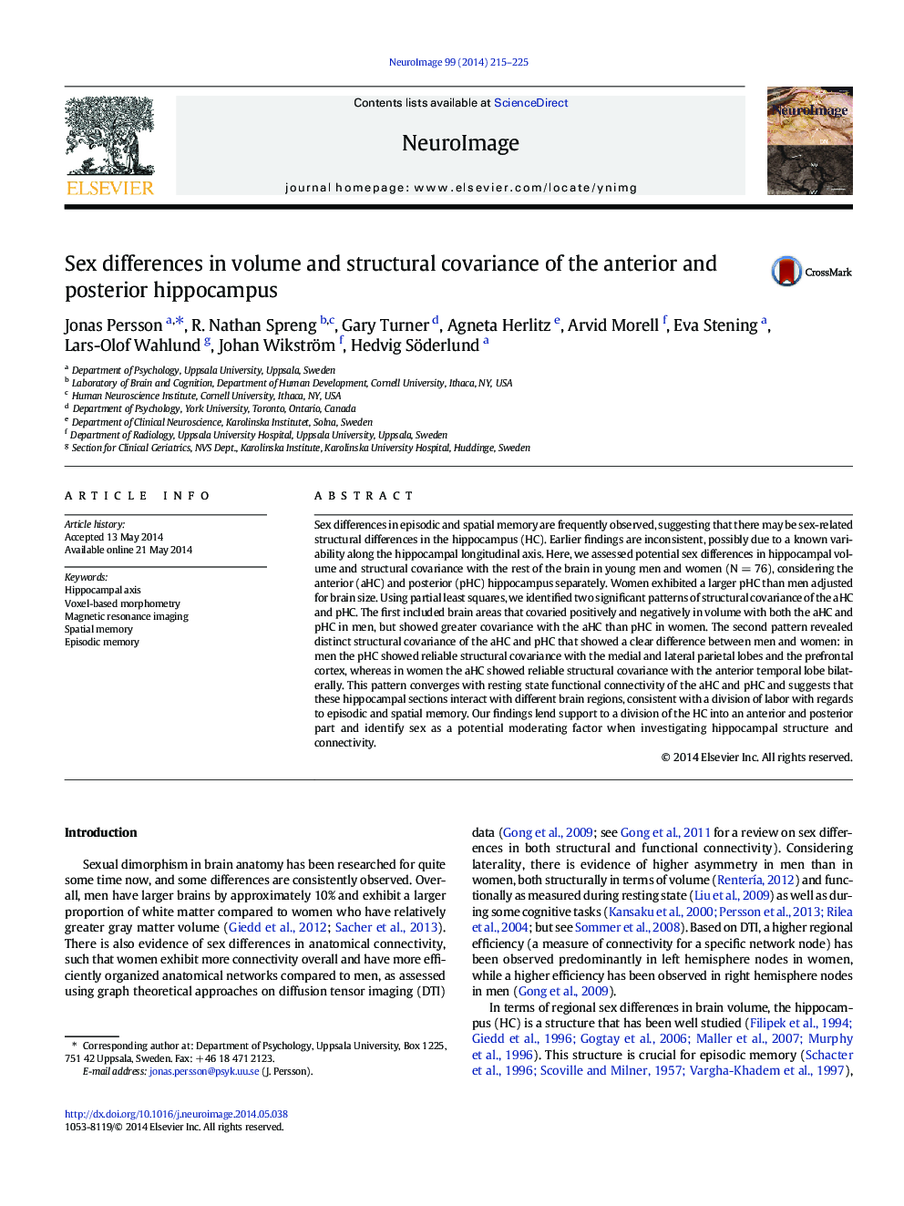 Sex differences in volume and structural covariance of the anterior and posterior hippocampus