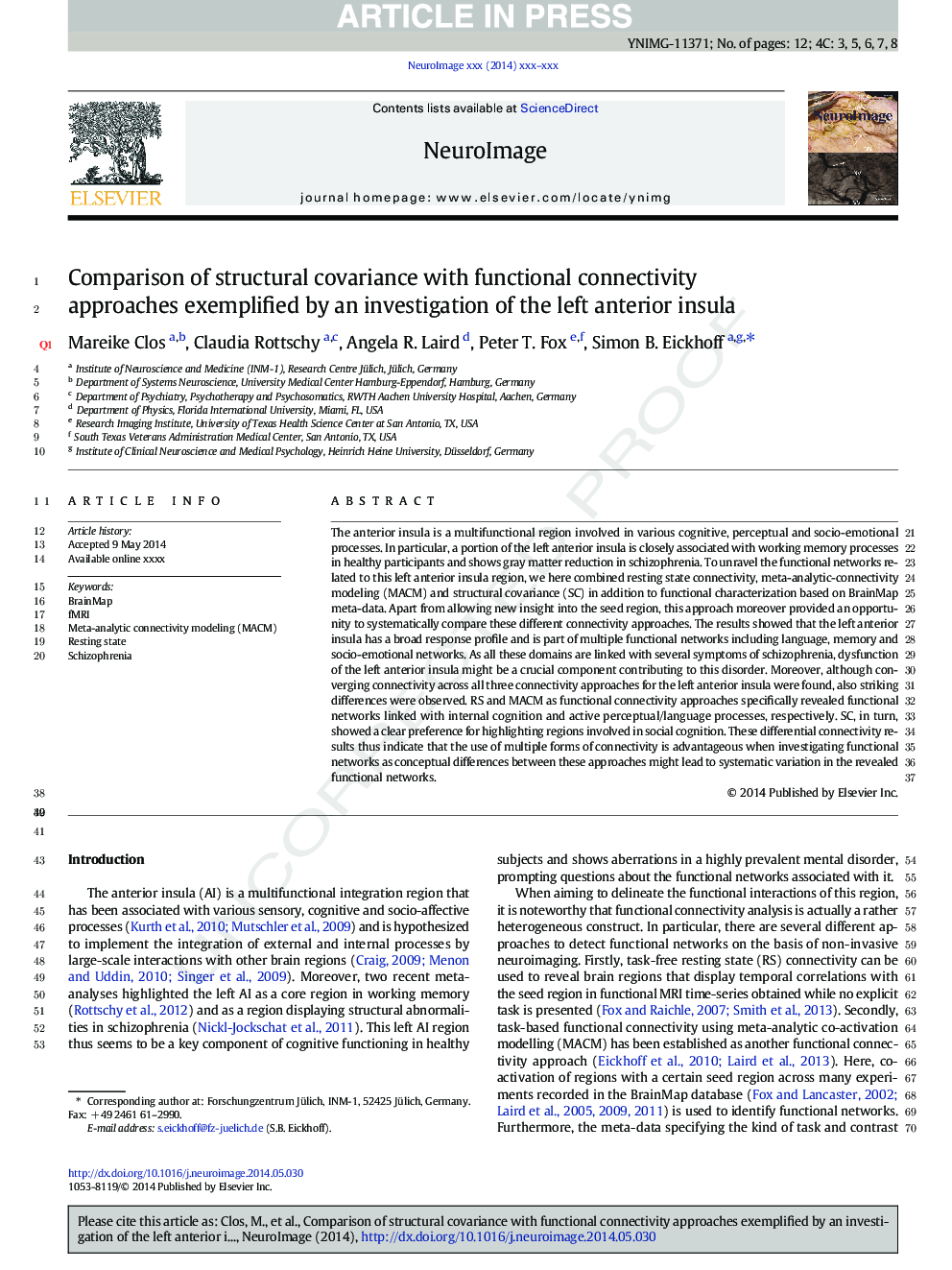 Comparison of structural covariance with functional connectivity approaches exemplified by an investigation of the left anterior insula