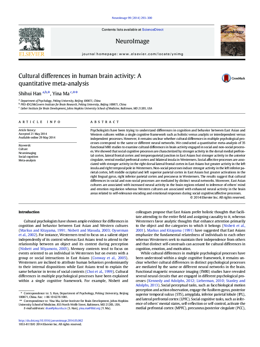 Cultural differences in human brain activity: A quantitative meta-analysis