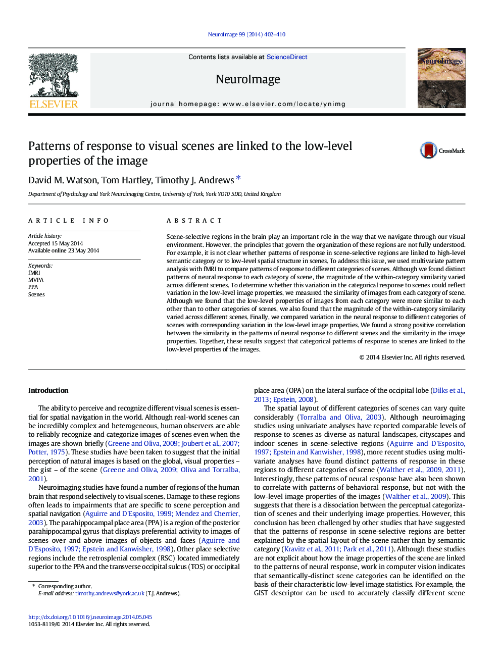 Patterns of response to visual scenes are linked to the low-level properties of the image