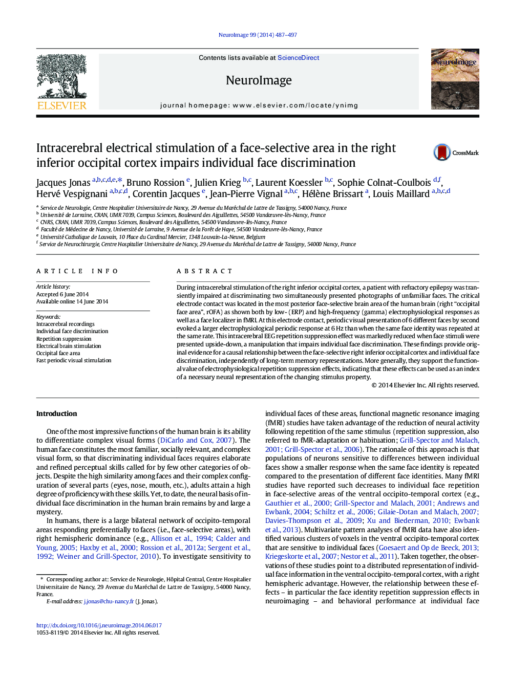 Intracerebral electrical stimulation of a face-selective area in the right inferior occipital cortex impairs individual face discrimination