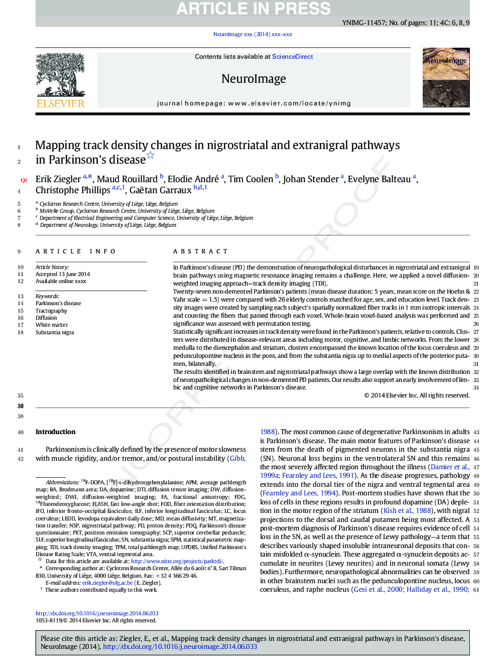 Mapping track density changes in nigrostriatal and extranigral pathways in Parkinson's disease