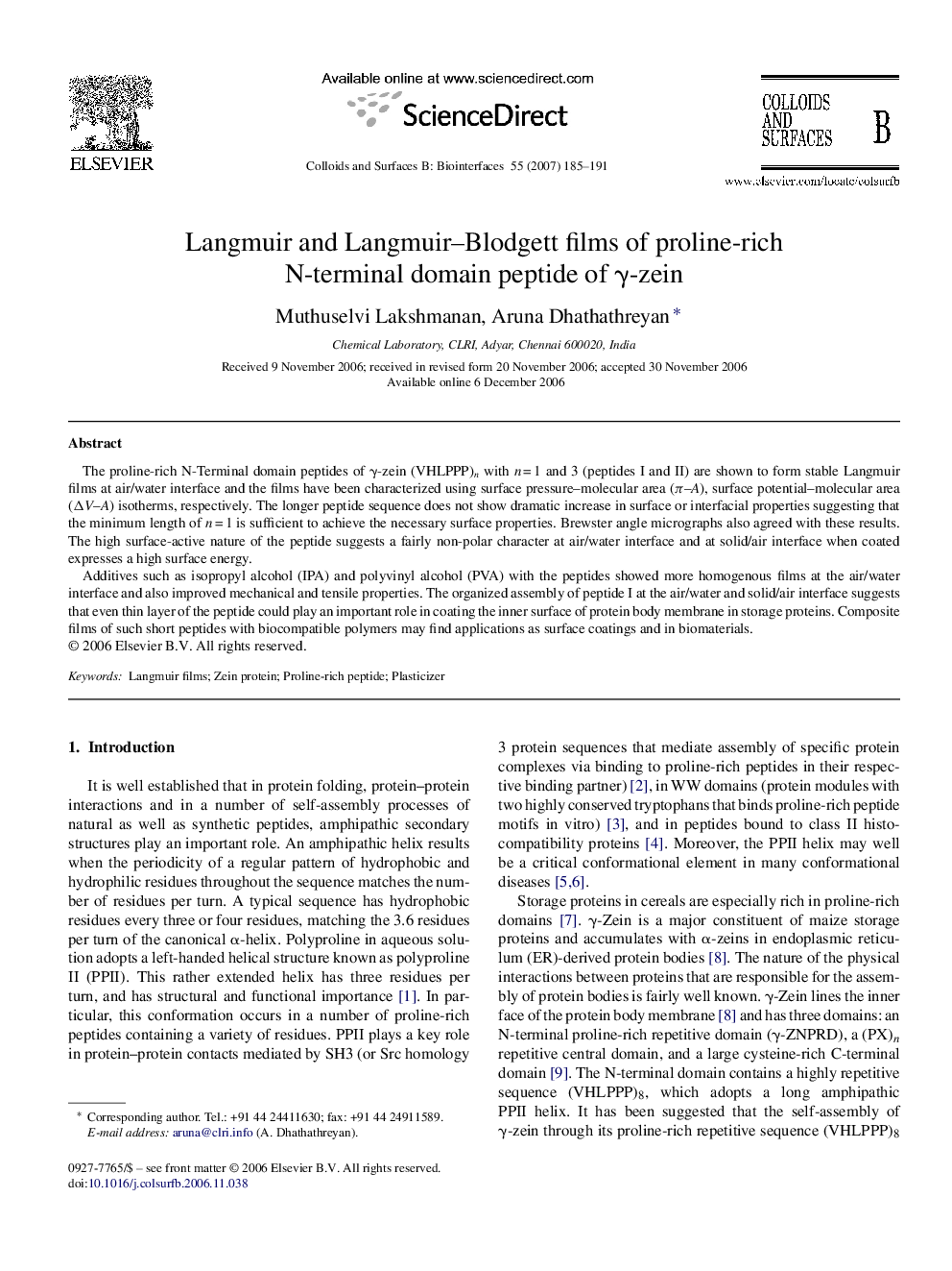 Langmuir and Langmuir–Blodgett films of proline-rich N-terminal domain peptide of γ-zein