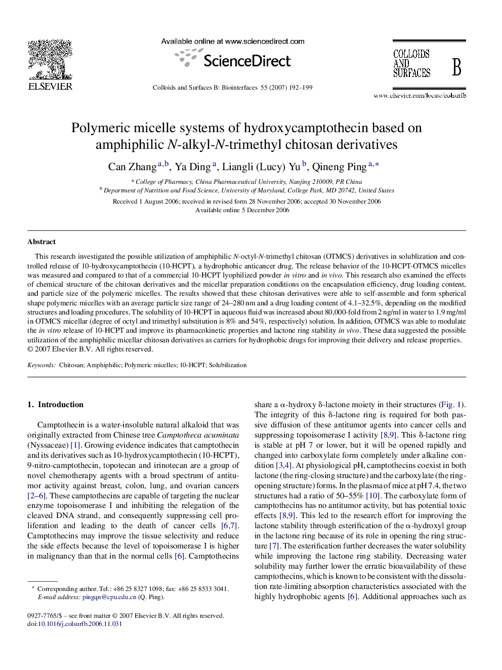 Polymeric micelle systems of hydroxycamptothecin based on amphiphilic N-alkyl-N-trimethyl chitosan derivatives