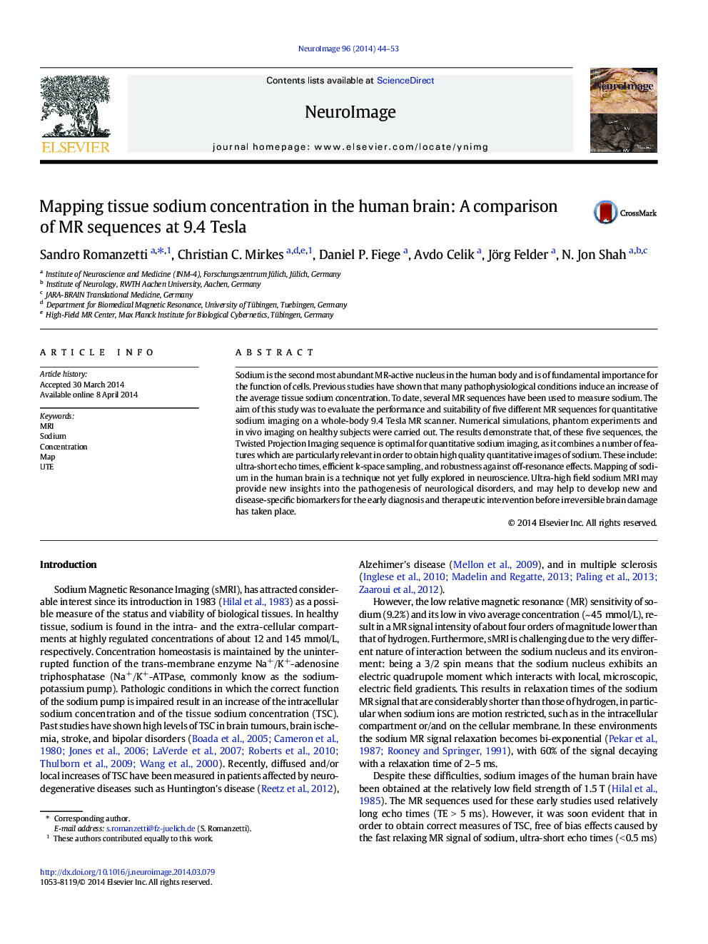 Mapping tissue sodium concentration in the human brain: A comparison of MR sequences at 9.4Â Tesla