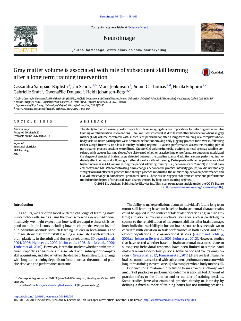 Gray matter volume is associated with rate of subsequent skill learning after a long term training intervention