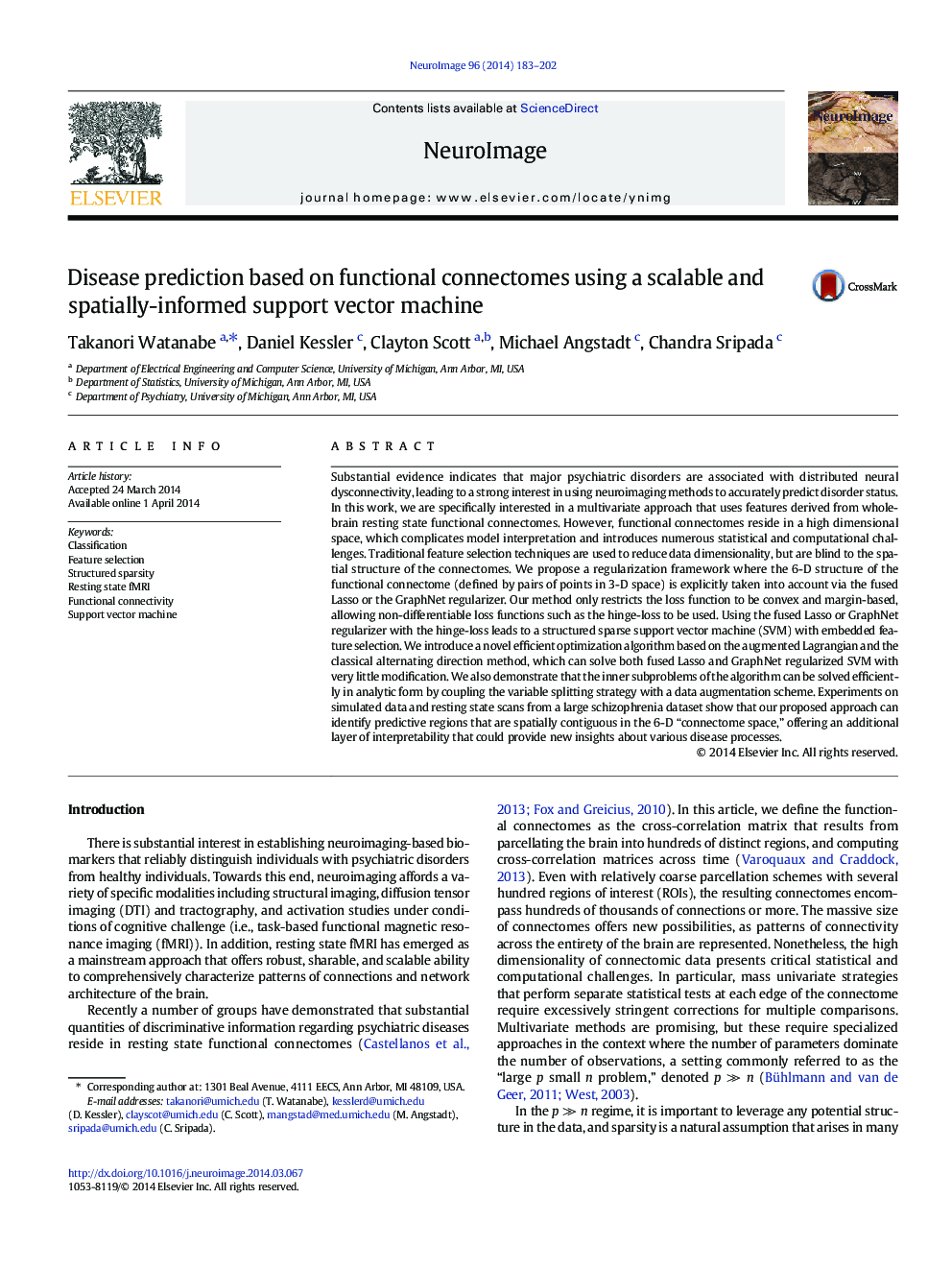 Disease prediction based on functional connectomes using a scalable and spatially-informed support vector machine