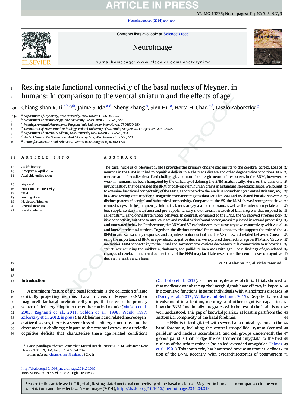 Resting state functional connectivity of the basal nucleus of Meynert in humans: In comparison to the ventral striatum and the effects of age