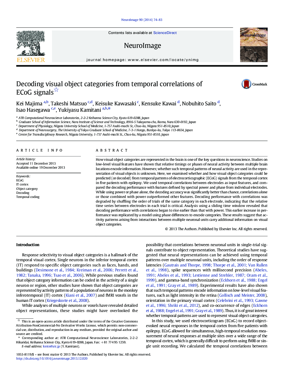 Decoding visual object categories from temporal correlations of ECoG signals