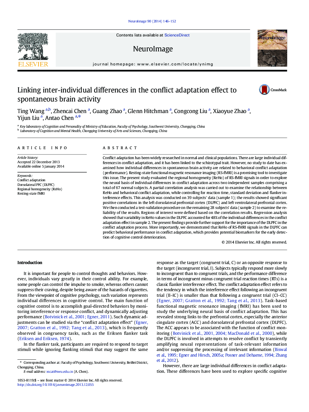 Linking inter-individual differences in the conflict adaptation effect to spontaneous brain activity