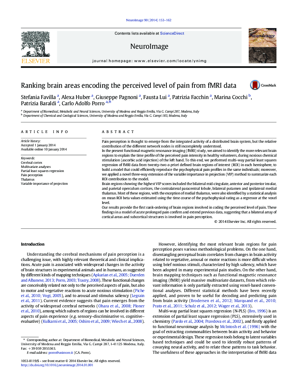 Ranking brain areas encoding the perceived level of pain from fMRI data