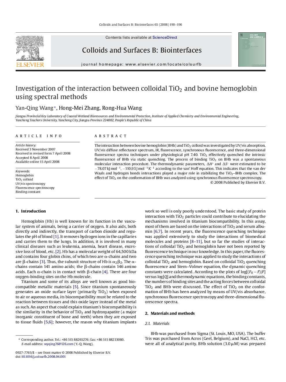 Investigation of the interaction between colloidal TiO2 and bovine hemoglobin using spectral methods