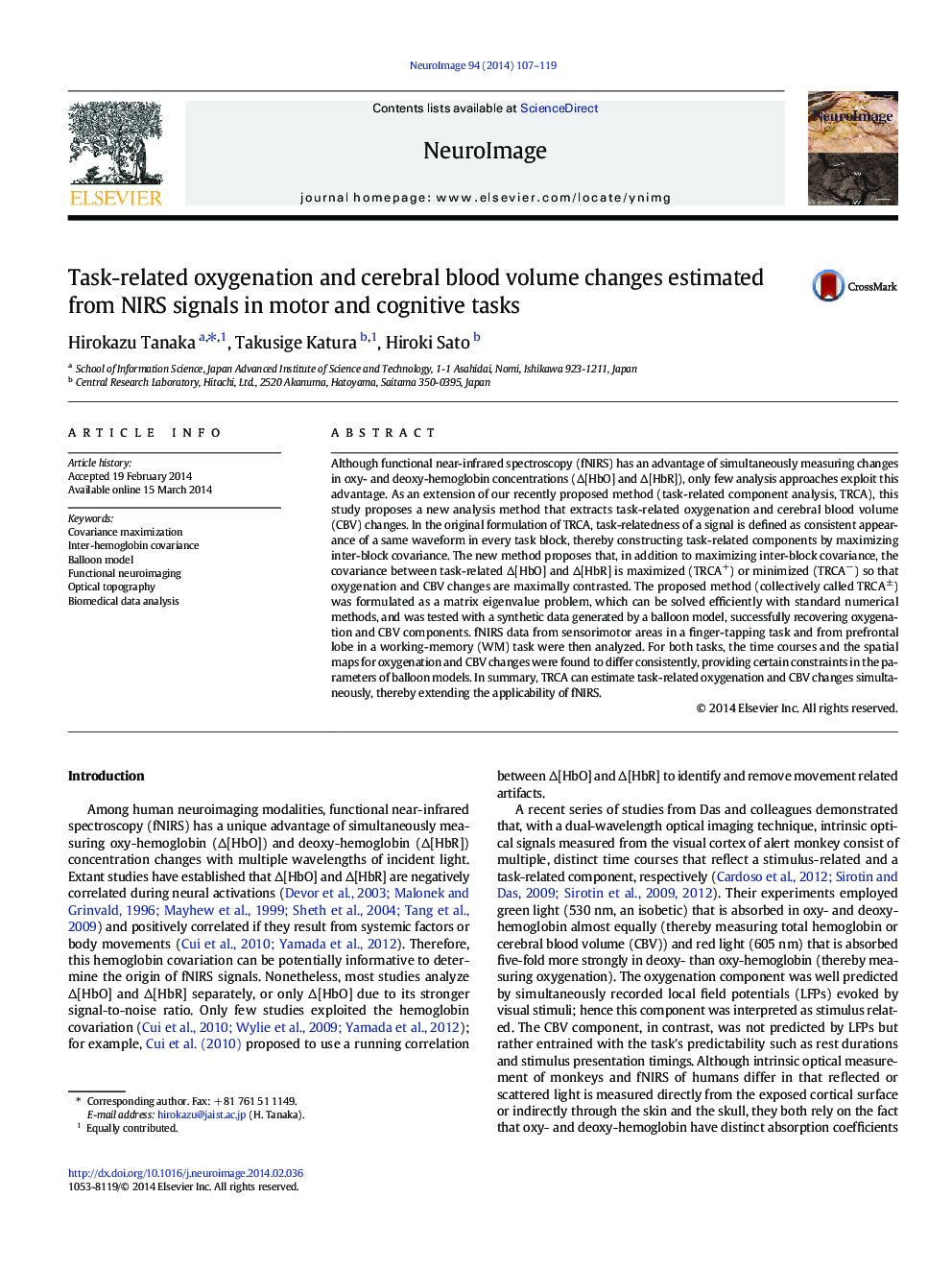 Task-related oxygenation and cerebral blood volume changes estimated from NIRS signals in motor and cognitive tasks