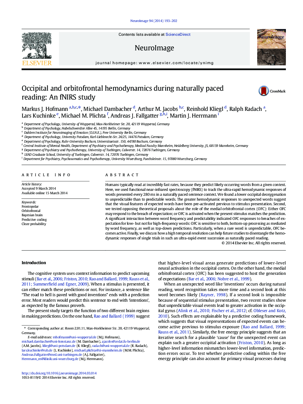 Occipital and orbitofrontal hemodynamics during naturally paced reading: An fNIRS study