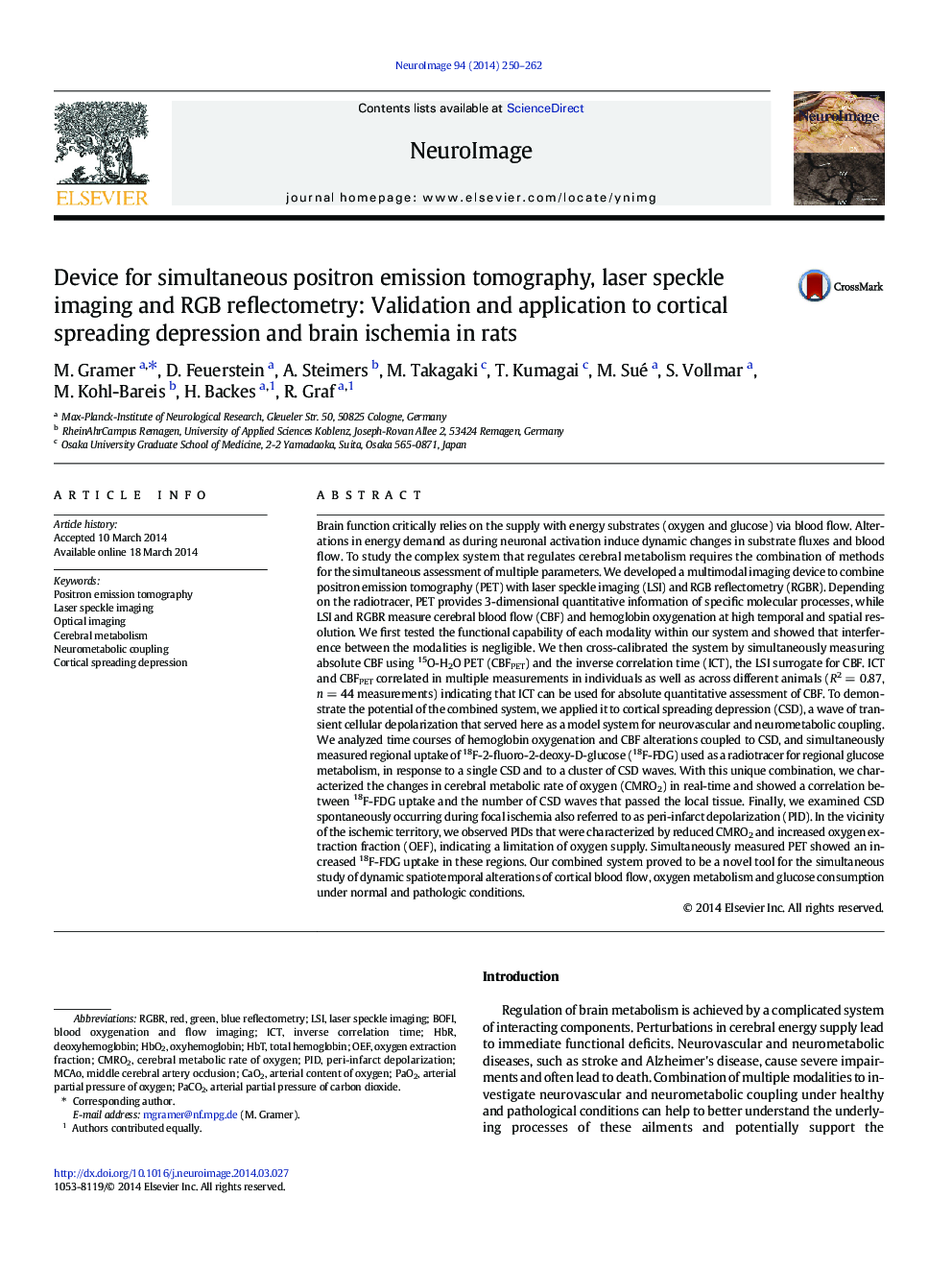 Device for simultaneous positron emission tomography, laser speckle imaging and RGB reflectometry: Validation and application to cortical spreading depression and brain ischemia in rats