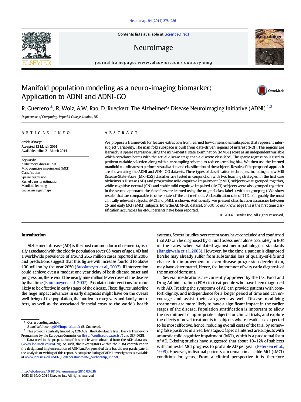 Manifold population modeling as a neuro-imaging biomarker: Application to ADNI and ADNI-GO