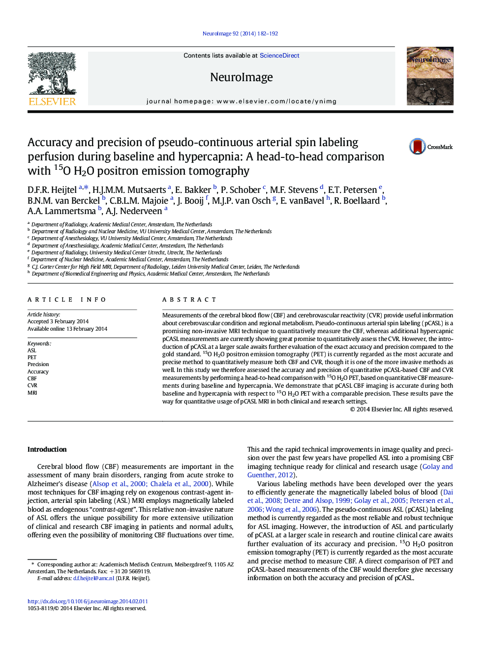 Accuracy and precision of pseudo-continuous arterial spin labeling perfusion during baseline and hypercapnia: A head-to-head comparison with 15O H2O positron emission tomography