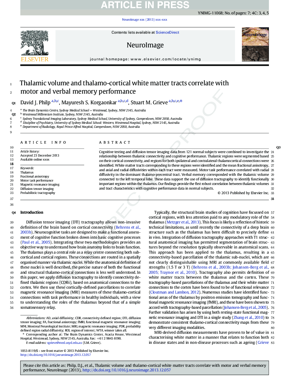 Thalamic volume and thalamo-cortical white matter tracts correlate with motor and verbal memory performance