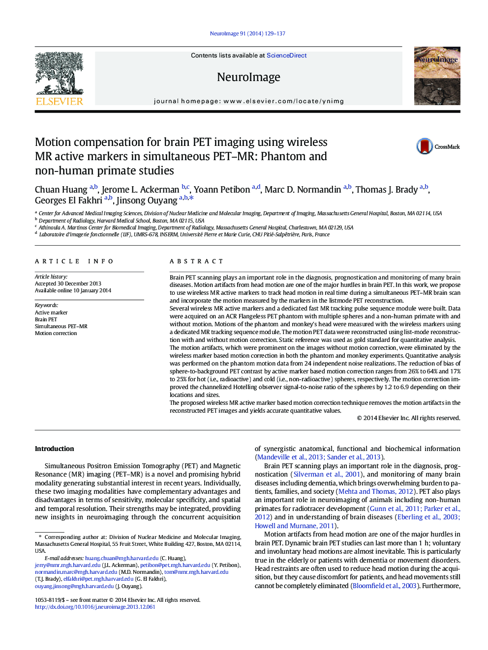 Motion compensation for brain PET imaging using wireless MR active markers in simultaneous PET-MR: Phantom and non-human primate studies