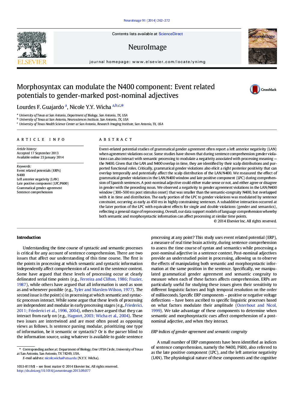 Morphosyntax can modulate the N400 component: Event related potentials to gender-marked post-nominal adjectives