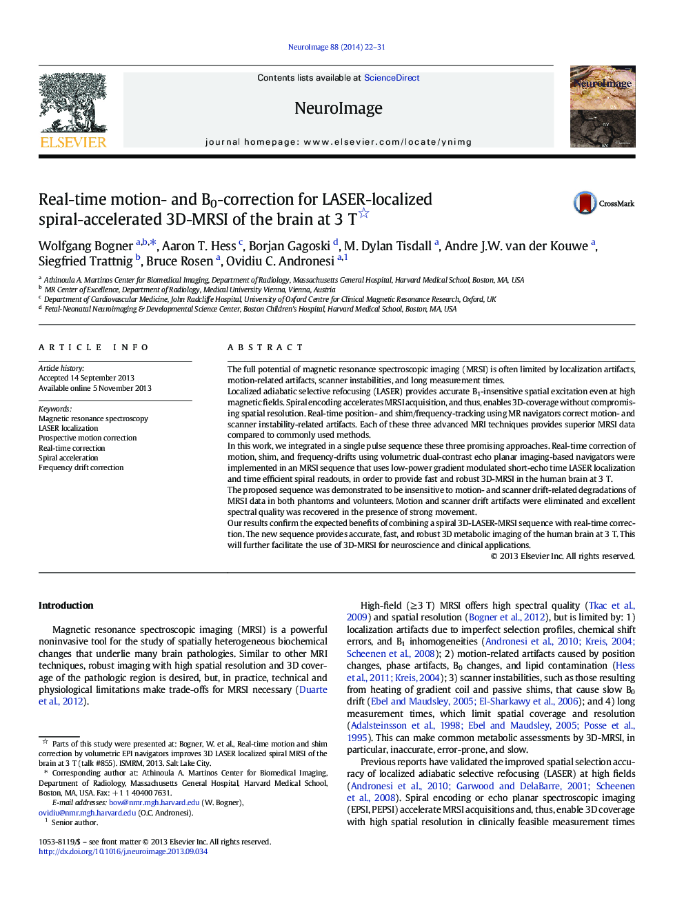 Real-time motion- and B0-correction for LASER-localized spiral-accelerated 3D-MRSI of the brain at 3Â T