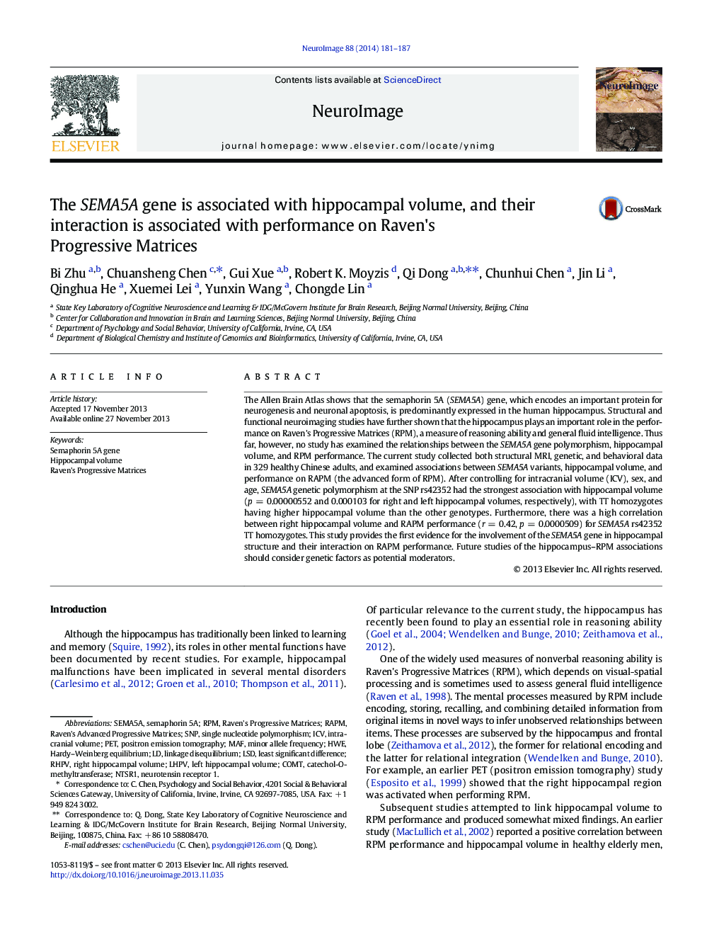 عکس صفحه اول مقاله: The SEMA5A gene is associated with hippocampal volume, and their interaction is associated with performance on Raven's Progressive Matrices The SEMA5A gene is associated with hippocampal volume, and their interaction is associated with performance on Raven's Progressive Matrices