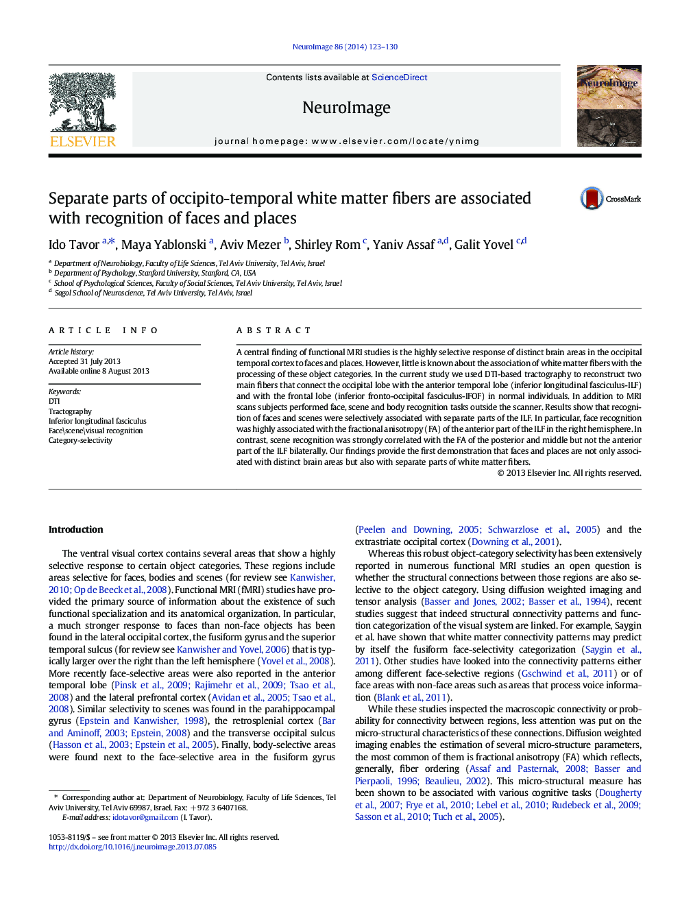 Separate parts of occipito-temporal white matter fibers are associated with recognition of faces and places