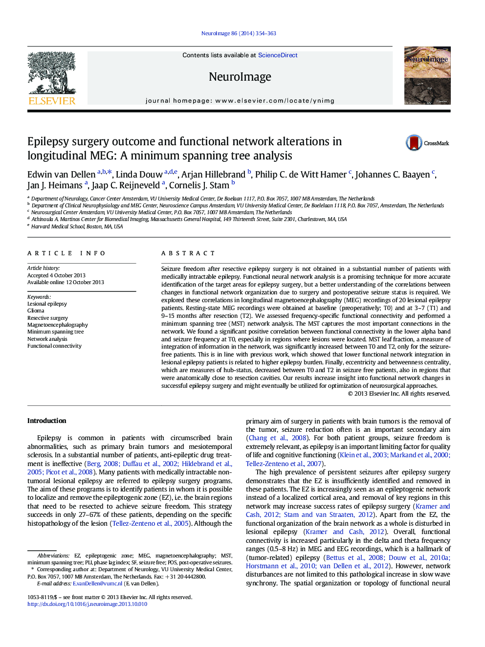 Epilepsy surgery outcome and functional network alterations in longitudinal MEG: A minimum spanning tree analysis