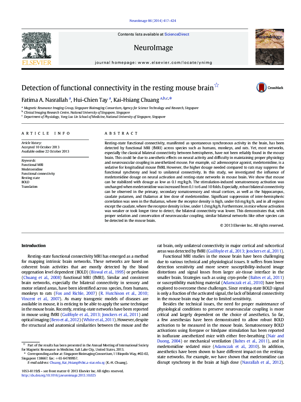 Detection of functional connectivity in the resting mouse brain