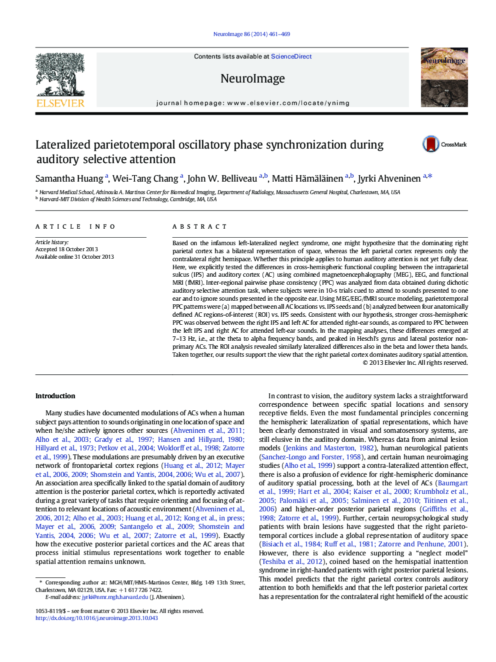 Lateralized parietotemporal oscillatory phase synchronization during auditory selective attention