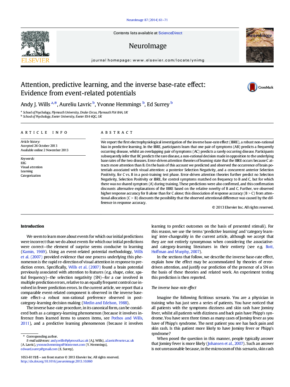 Attention, predictive learning, and the inverse base-rate effect: Evidence from event-related potentials