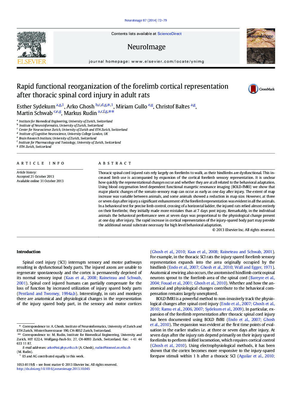 Rapid functional reorganization of the forelimb cortical representation after thoracic spinal cord injury in adult rats