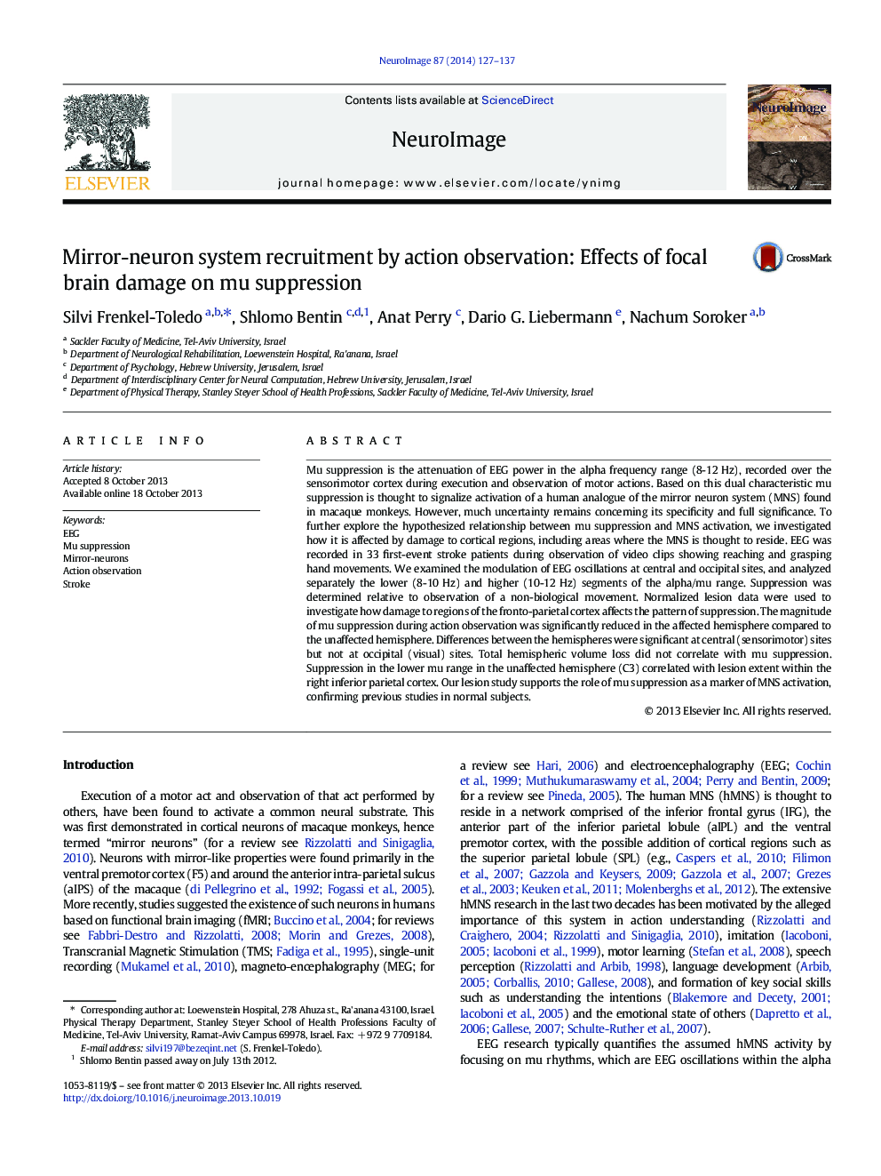 Mirror-neuron system recruitment by action observation: Effects of focal brain damage on mu suppression