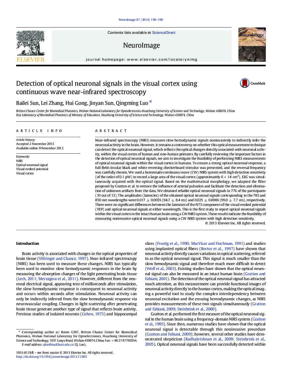 Detection of optical neuronal signals in the visual cortex using continuous wave near-infrared spectroscopy