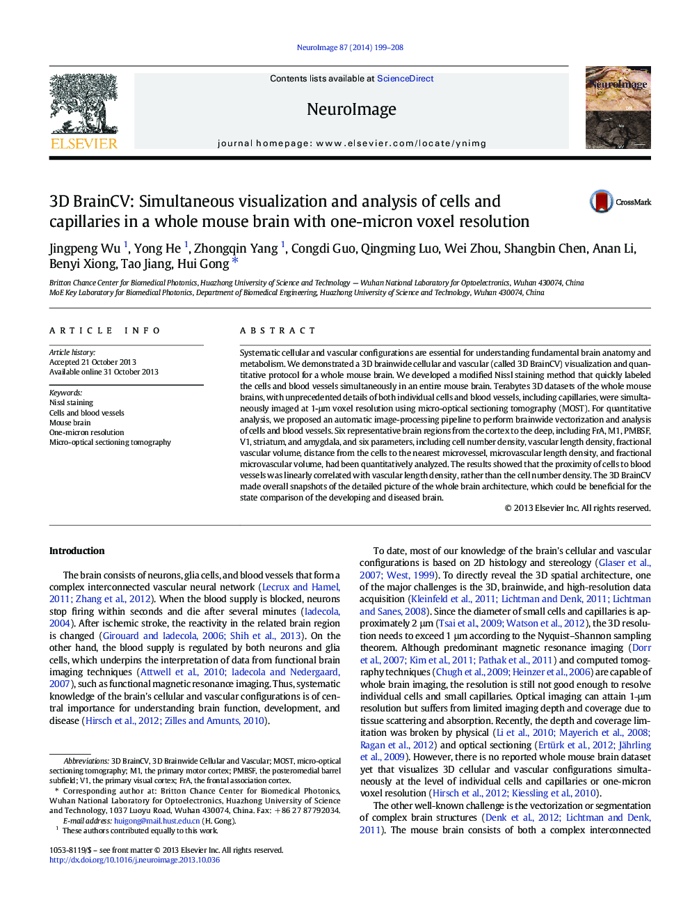 عکس صفحه اول مقاله: 3D BrainCV: Simultaneous visualization and analysis of cells and capillaries in a whole mouse brain with one-micron voxel resolution 3D BrainCV: Simultaneous visualization and analysis of cells and capillaries in a whole mouse brain with one-micron voxel resolution
