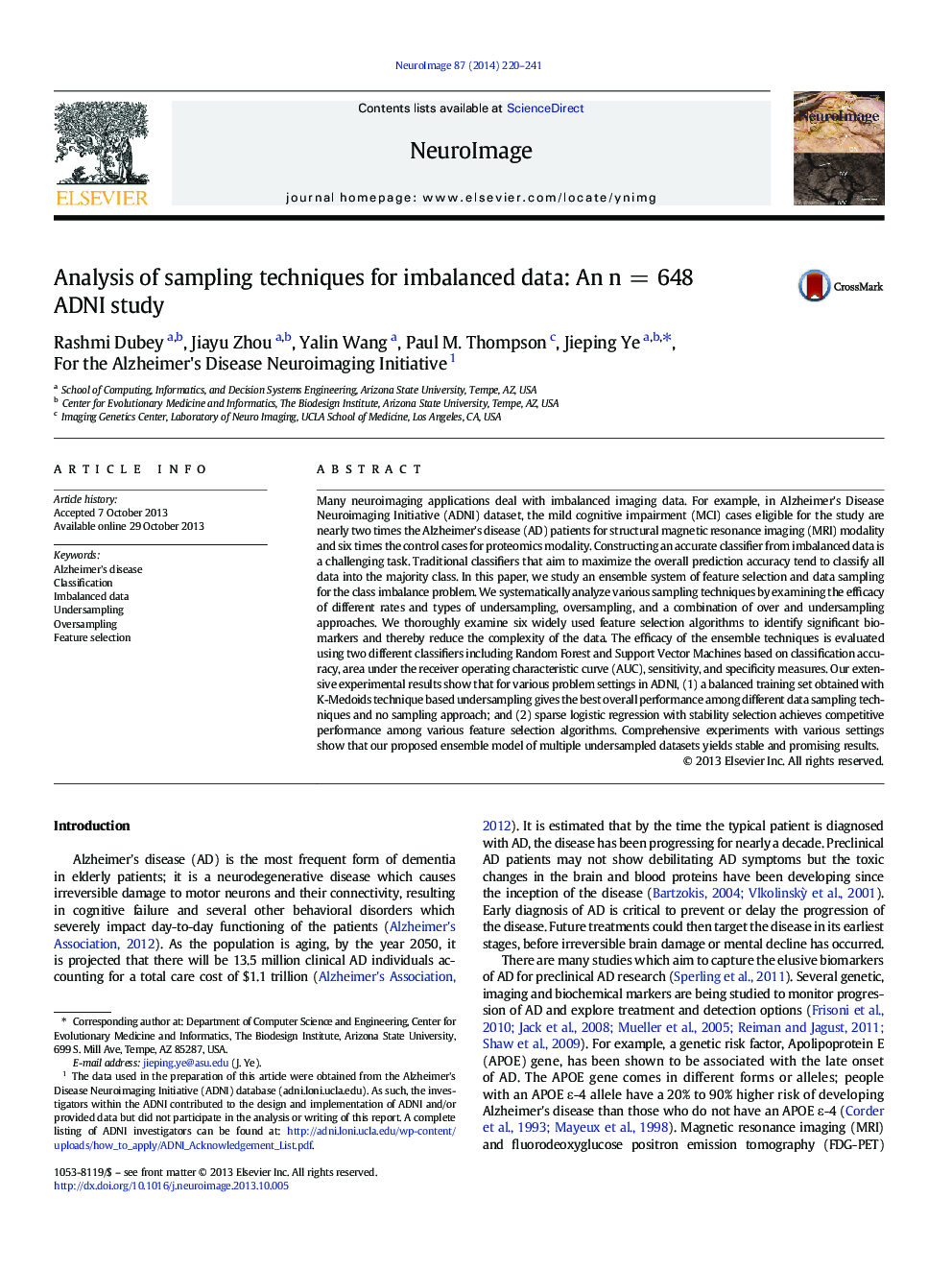 Analysis of sampling techniques for imbalanced data: An nÂ =Â 648 ADNI study