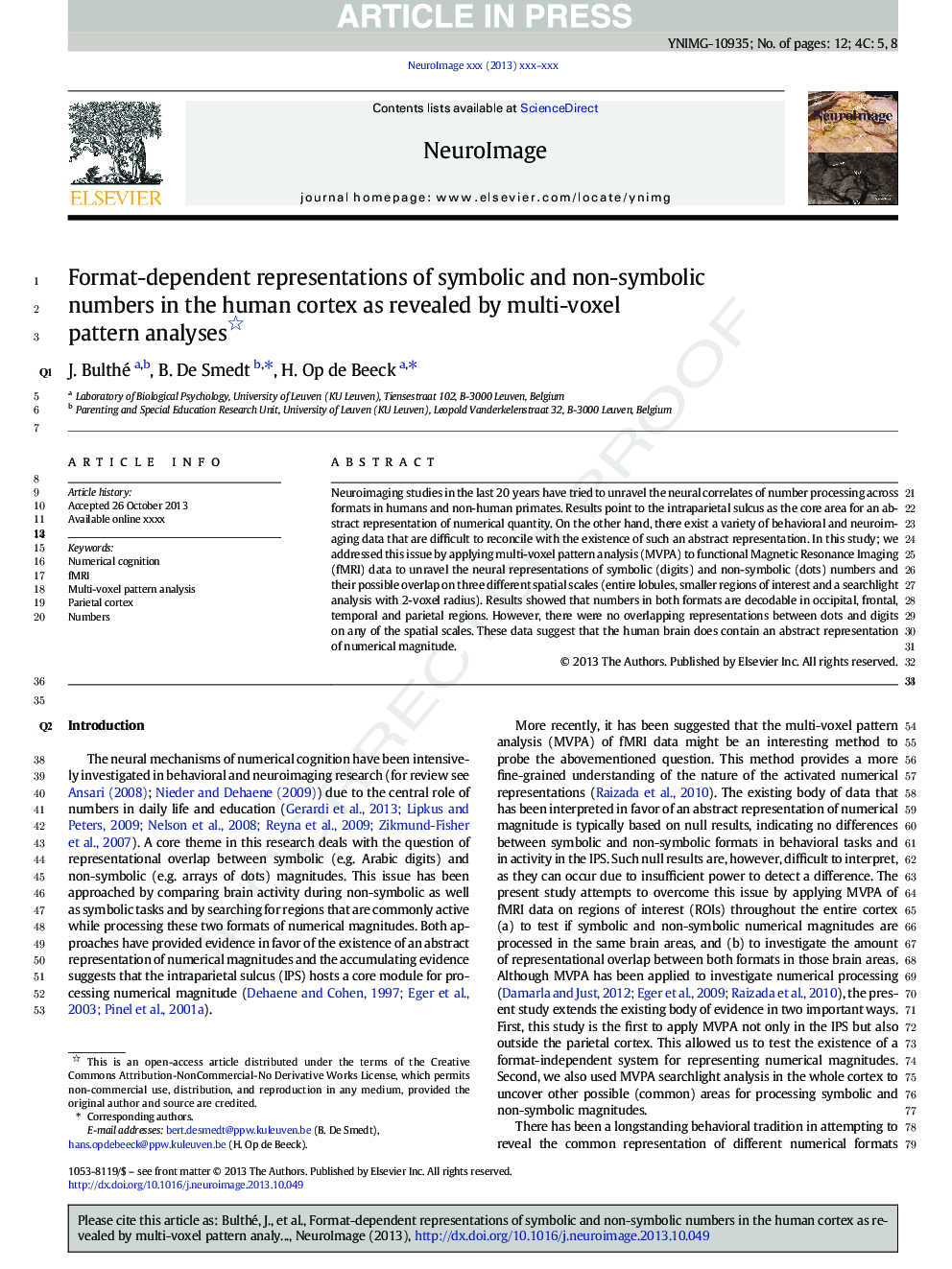 Format-dependent representations of symbolic and non-symbolic numbers in the human cortex as revealed by multi-voxel pattern analyses