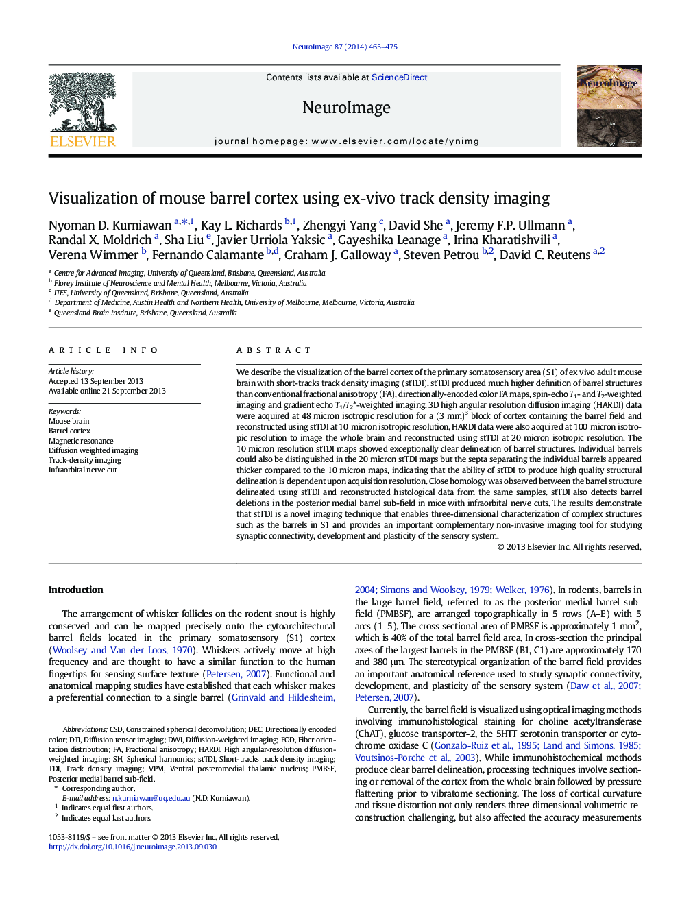 Visualization of mouse barrel cortex using ex-vivo track density imaging