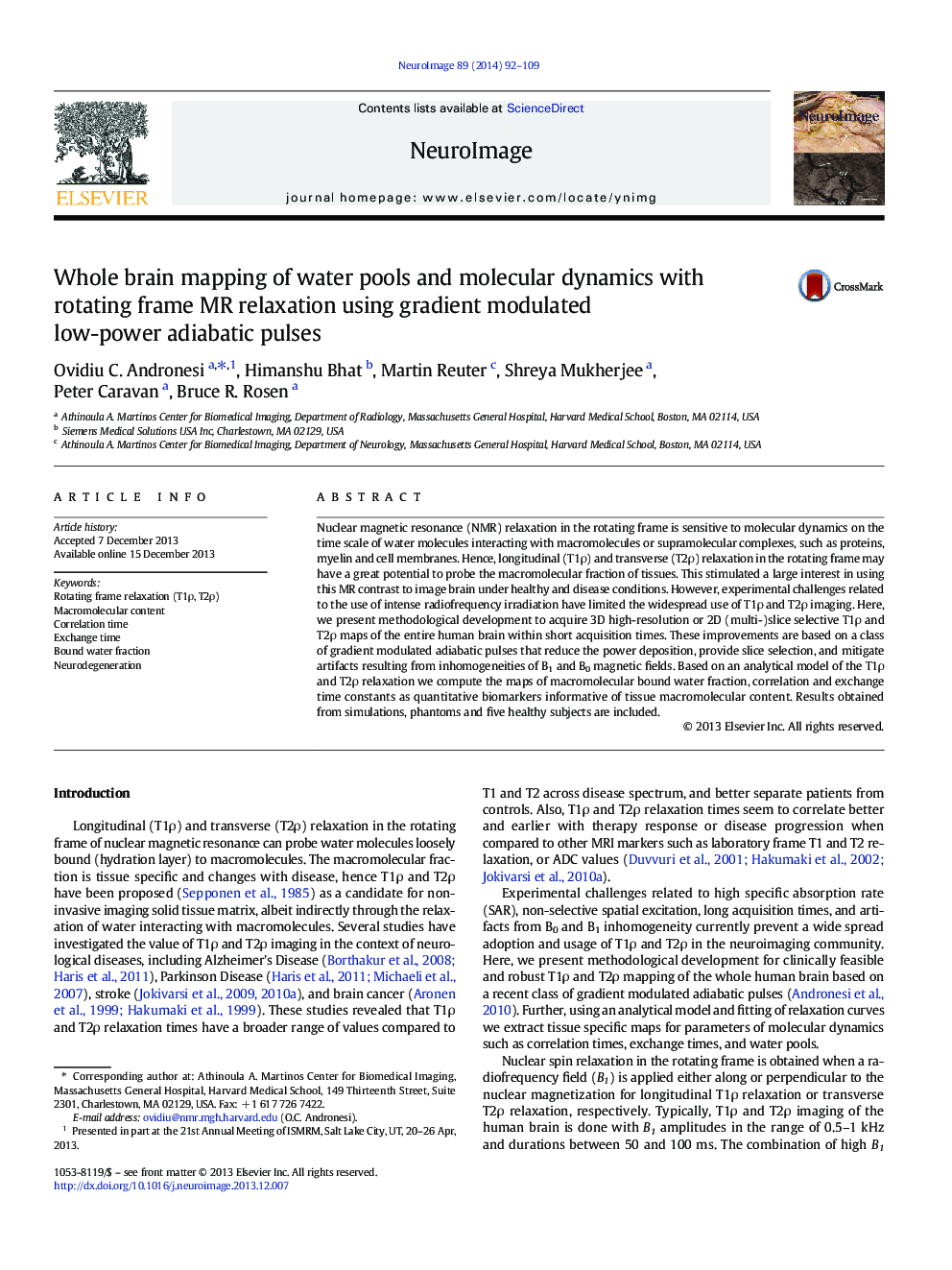 Whole brain mapping of water pools and molecular dynamics with rotating frame MR relaxation using gradient modulated low-power adiabatic pulses