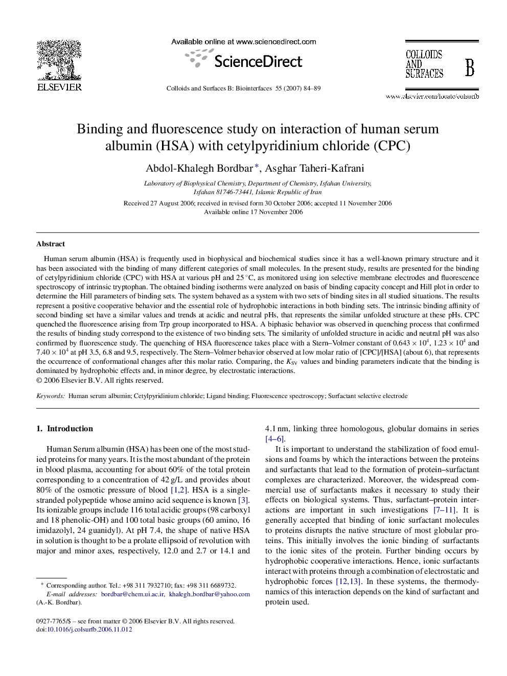 Binding and fluorescence study on interaction of human serum albumin (HSA) with cetylpyridinium chloride (CPC)