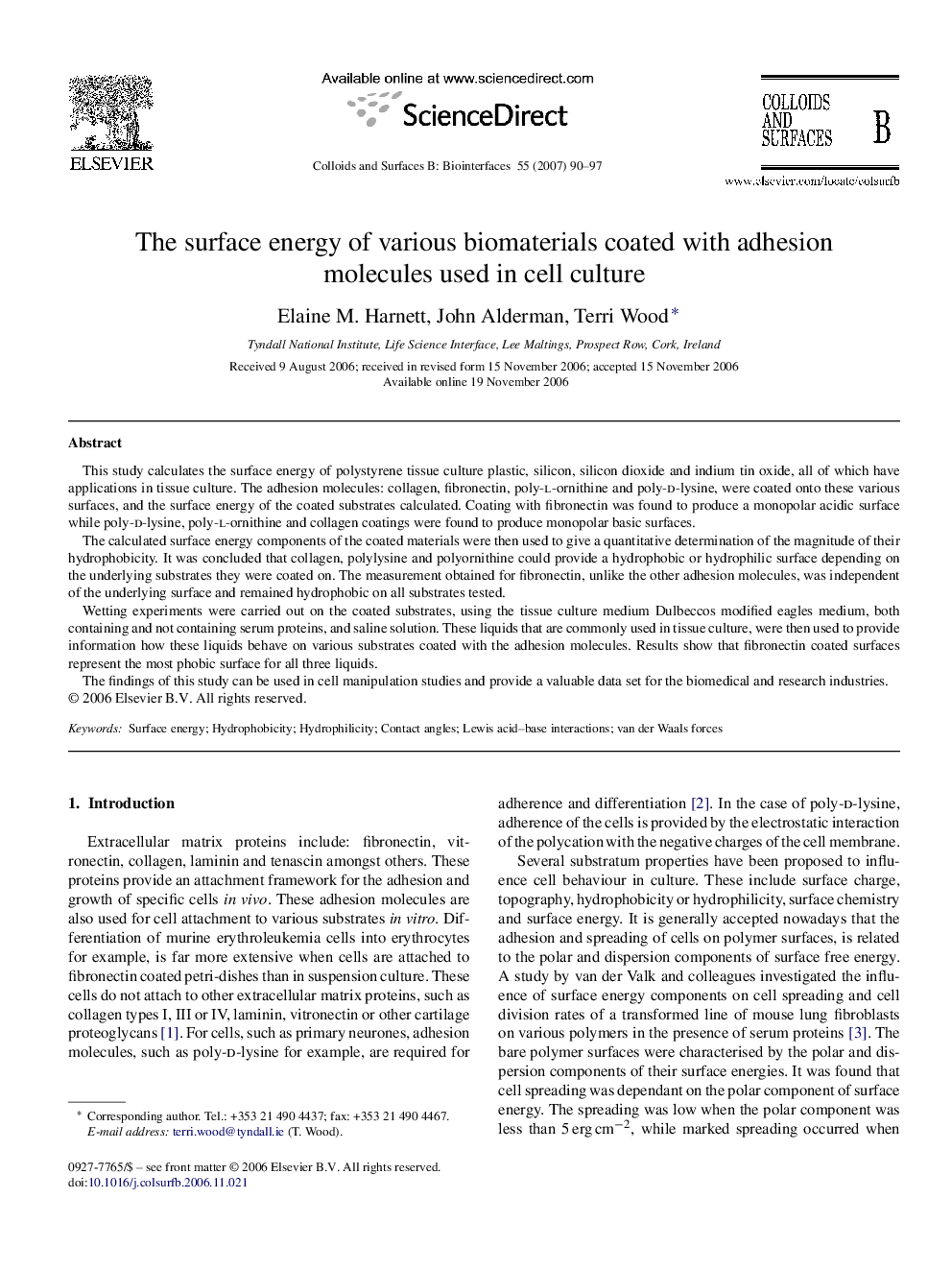 The surface energy of various biomaterials coated with adhesion molecules used in cell culture