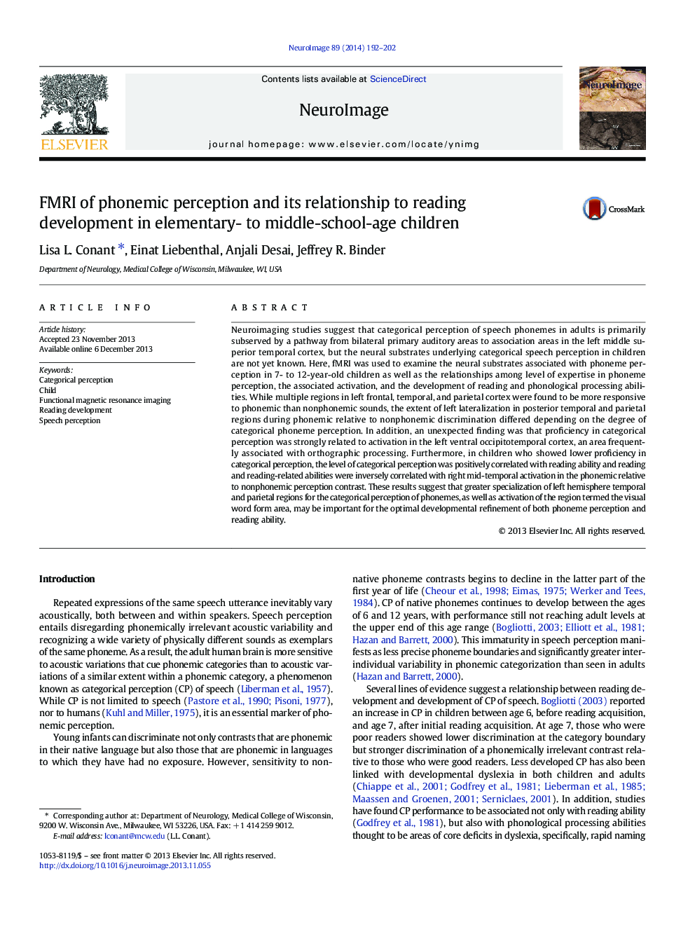 FMRI of phonemic perception and its relationship to reading development in elementary- to middle-school-age children