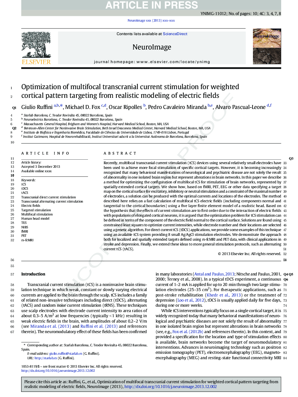 Optimization of multifocal transcranial current stimulation for weighted cortical pattern targeting from realistic modeling of electric fields