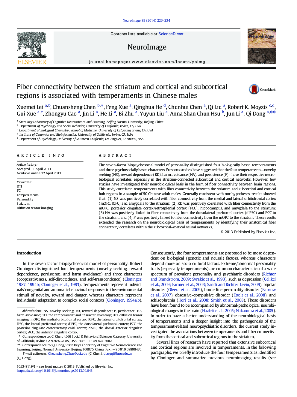 Fiber connectivity between the striatum and cortical and subcortical regions is associated with temperaments in Chinese males