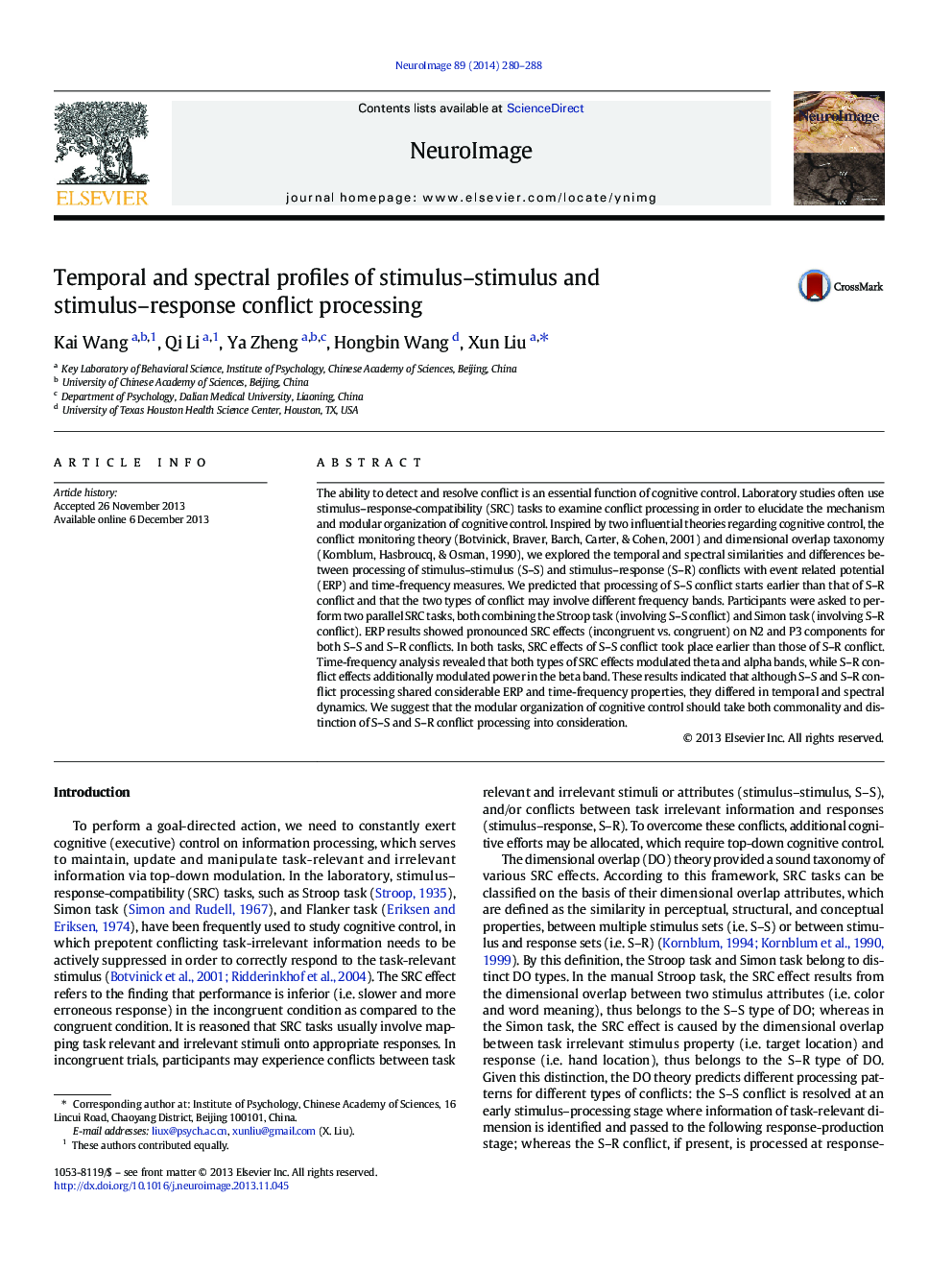 Temporal and spectral profiles of stimulus-stimulus and stimulus-response conflict processing