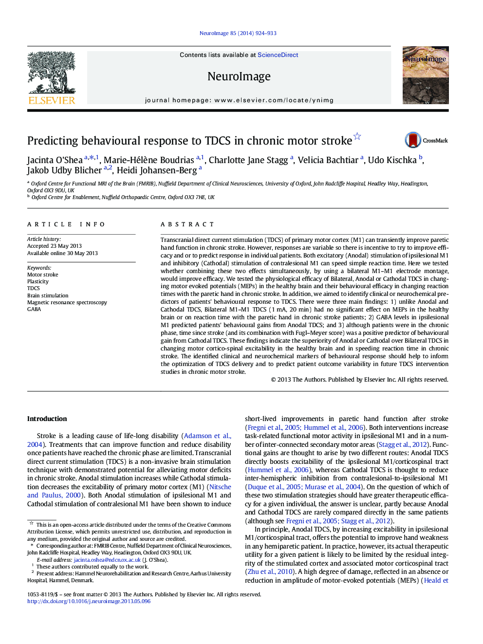 Predicting behavioural response to TDCS in chronic motor stroke