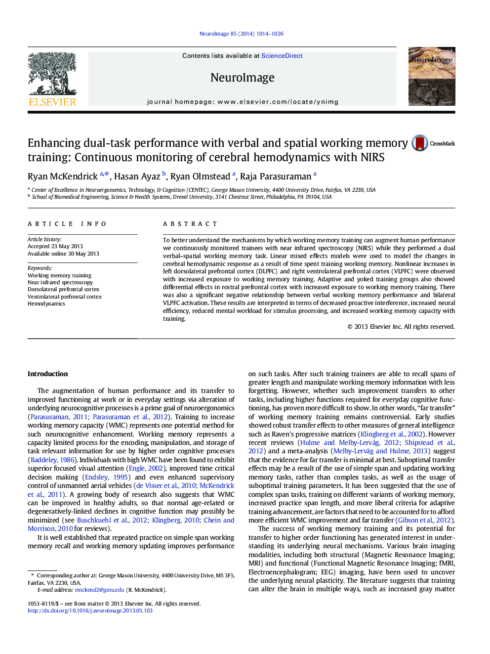 Enhancing dual-task performance with verbal and spatial working memory training: Continuous monitoring of cerebral hemodynamics with NIRS