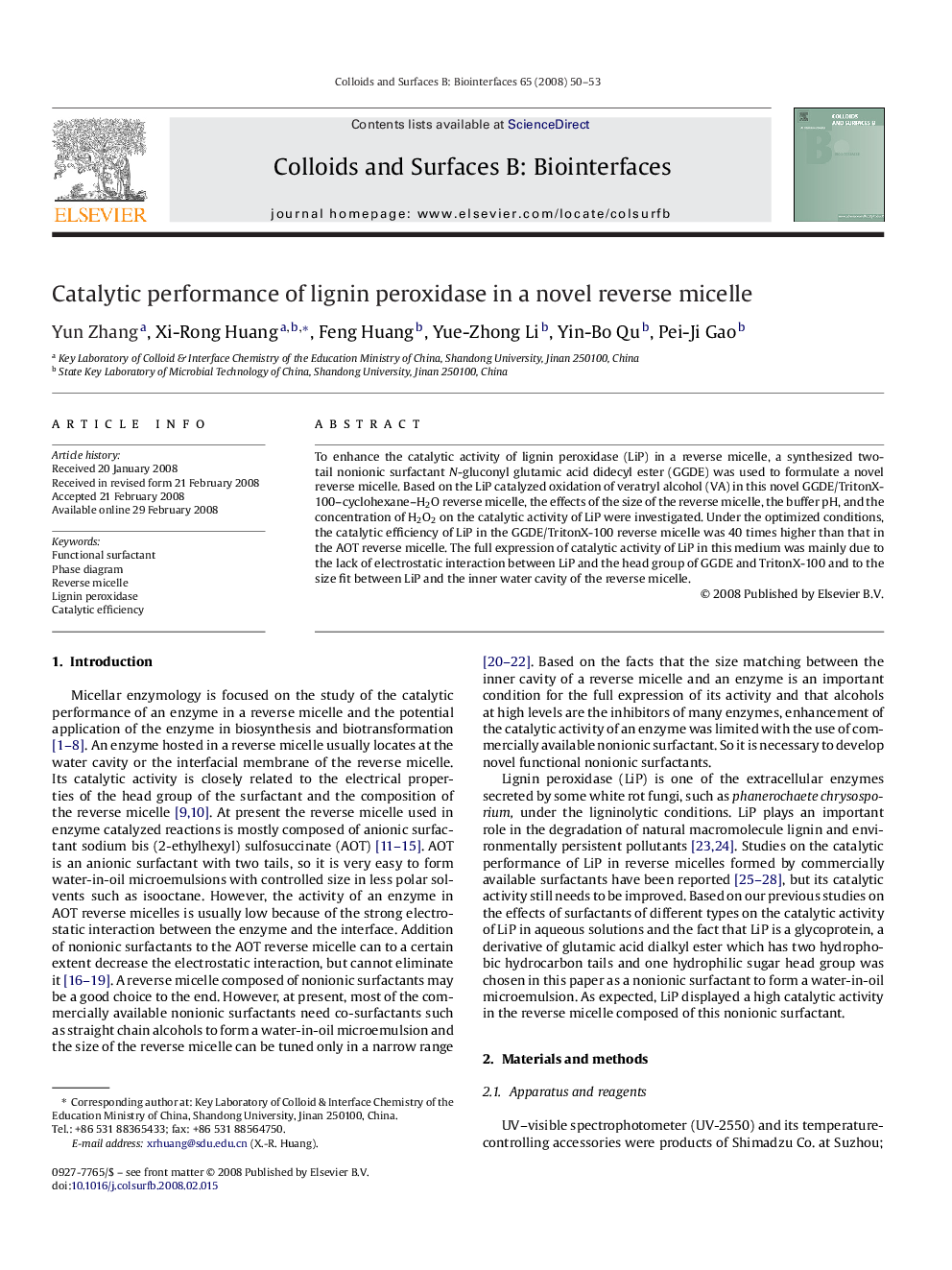 Catalytic performance of lignin peroxidase in a novel reverse micelle