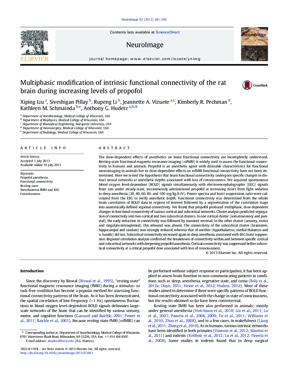 Multiphasic modification of intrinsic functional connectivity of the rat brain during increasing levels of propofol