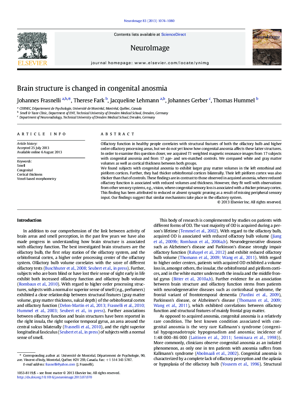 Brain structure is changed in congenital anosmia